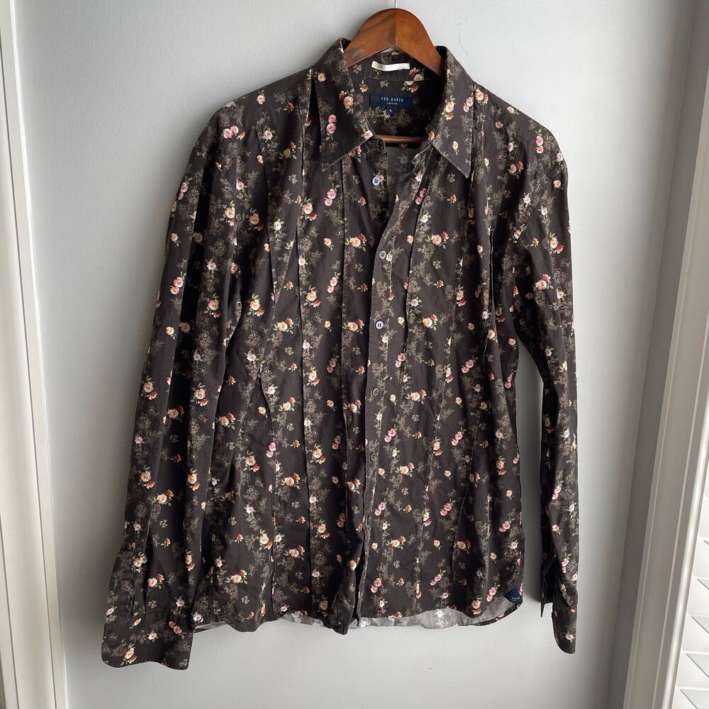 Ted Baker London Men's Casual Button Up Shirt Floral Western Pleated Brown sz XL